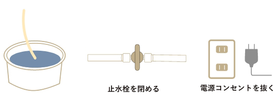 そのまま約90秒間水を通水します。(目安は水が透明になるまでです。)90秒経過したら、止水栓を閉じて、電源コンセントを抜いてください。