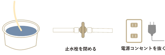 そのまま約15分間通水し続けます。15分経過したら、止水栓を閉じて、電源コンセントを抜いてください。